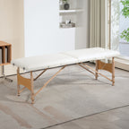 Mobile Massageliege 2 Zonen Klappbar Höhenverstellbar Massagetisch 60 cm Breit mit Tragetasche Holzfüßen Cremeweiß