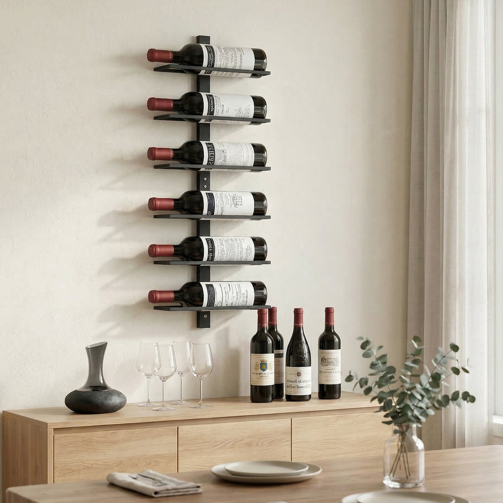 Wall Mounted Wine Rack, 6 Tier Metal Wine Display Rack, Storage Holder for Kitchen, Black