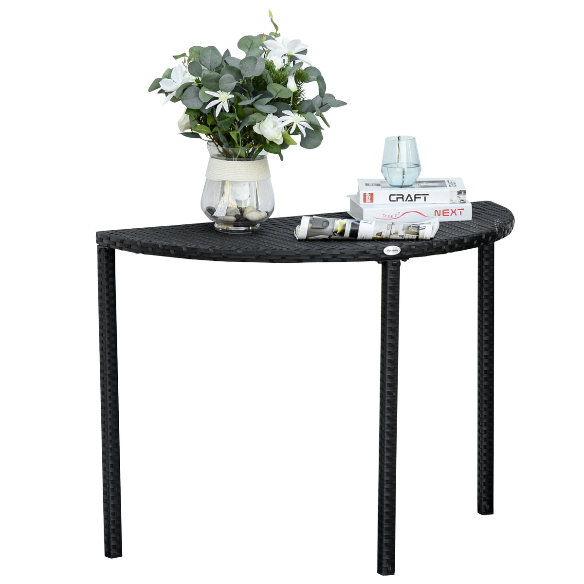 Balkontisch Garten Beistelltisch Tisch Gartenmöbel halbrund Polyrattan Metall Schwarz 100 x 50 x 74 cm