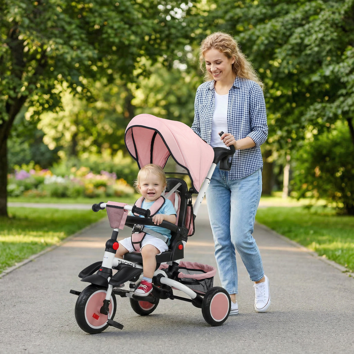 6 in 1 Foldable Kids Trike with Adjustable Parent Handle & Canopy for Ages 1-5, Pink