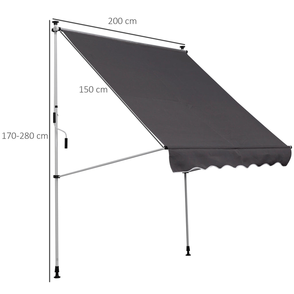 Balcony 2 x 1.5m Manual Adjustable Awning DIY Patio Clamp Awning Canopy Retractable Shade Shelter Easy to Move for Balcony, Grey