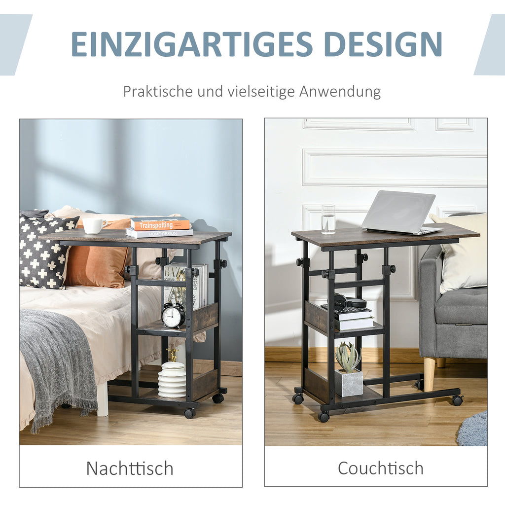 C-Shaped Side Table Industrial Mobile Rolling End Desk with 3-Tier Storage Shelving, Adjustable Height, Wheels