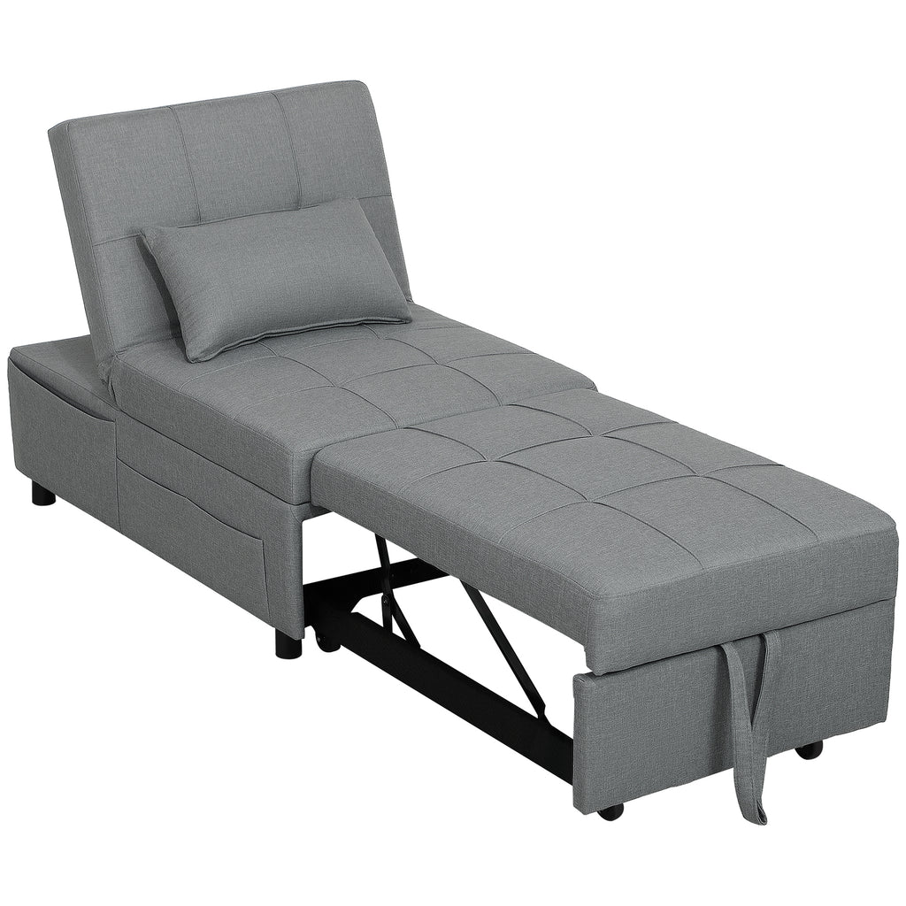 3-in-1 Klappsessel mit Seitentasche, G?stebett mit Kissen, Verstellbarer R¨¹ckenlehne, Bettsessel mit Rollen, Hellgrau