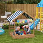 House-Designed Wooden Sandbox, Outdoor Sandpit, with Blackboard, Toys, Sink, Seats, Flags, for Ages 3-7 Years - Brown