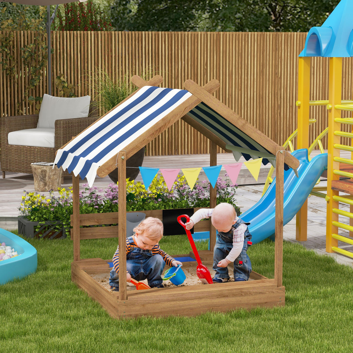 House-Designed Wooden Sandbox, Outdoor Sandpit, with Blackboard, Toys, Sink, Seats, Flags, for Ages 3-7 Years - Brown