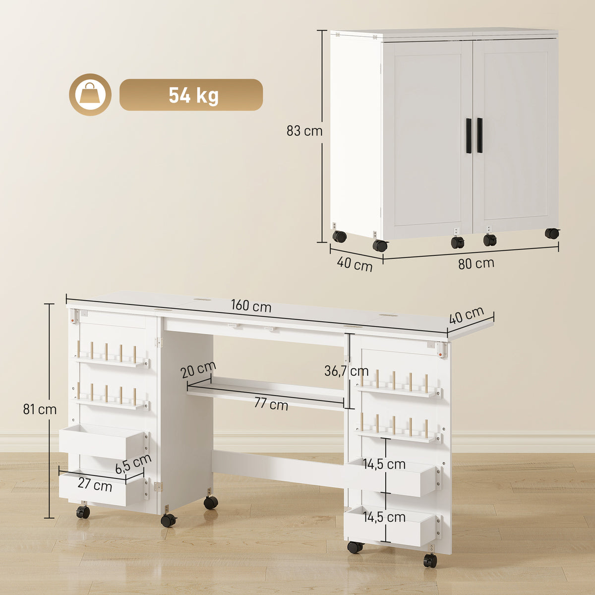 Klappbarer Nähtisch mit 2 Magnettüren, rollbarer Basteltisch mit 4 Boxen, 20 Haltestiften, Ablagefach, Weiß