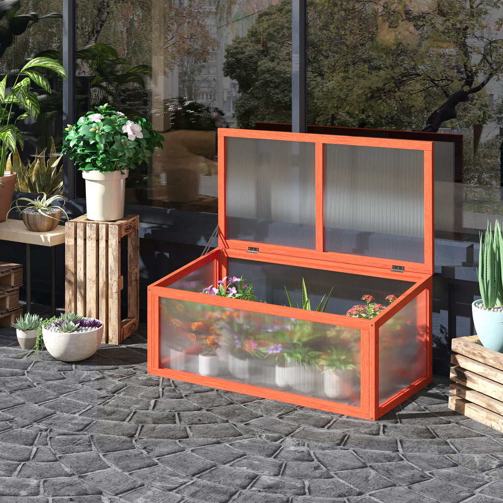 Frühbeet Holz und Polycarbonat Treibhaus 90 x 46 x 40 cm Gewächshaus mit Abdeckung wetterfest Frühbeetkasten für Garten Pflanzenbeet Orange