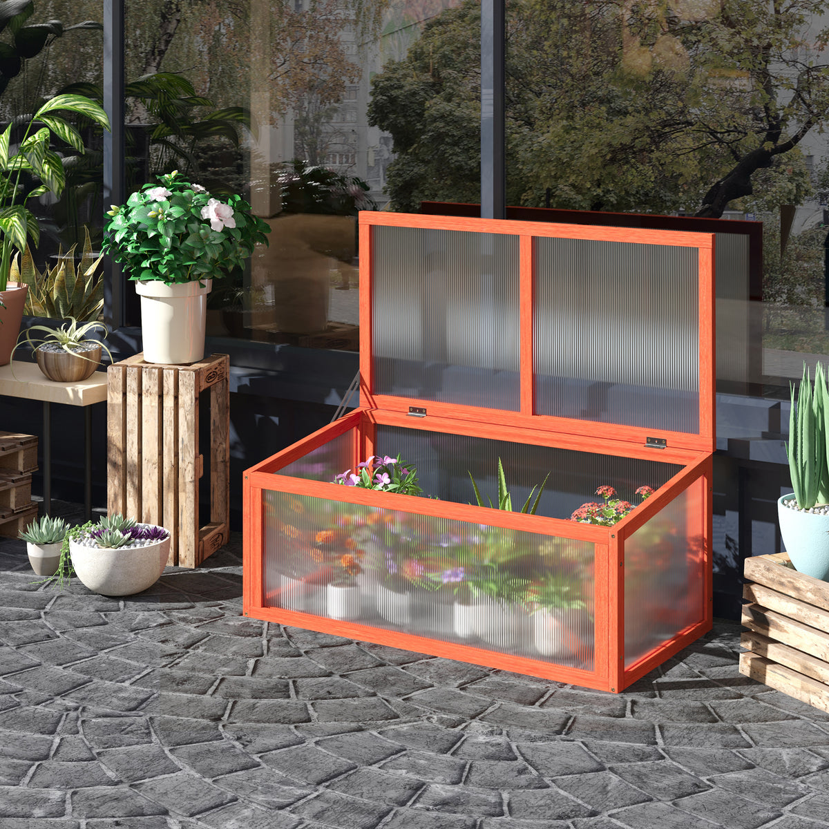 Frühbeet Holz und Polycarbonat Treibhaus 90 x 46 x 40 cm Gewächshaus mit Abdeckung wetterfest Frühbeetkasten für Garten Pflanzenbeet Orange