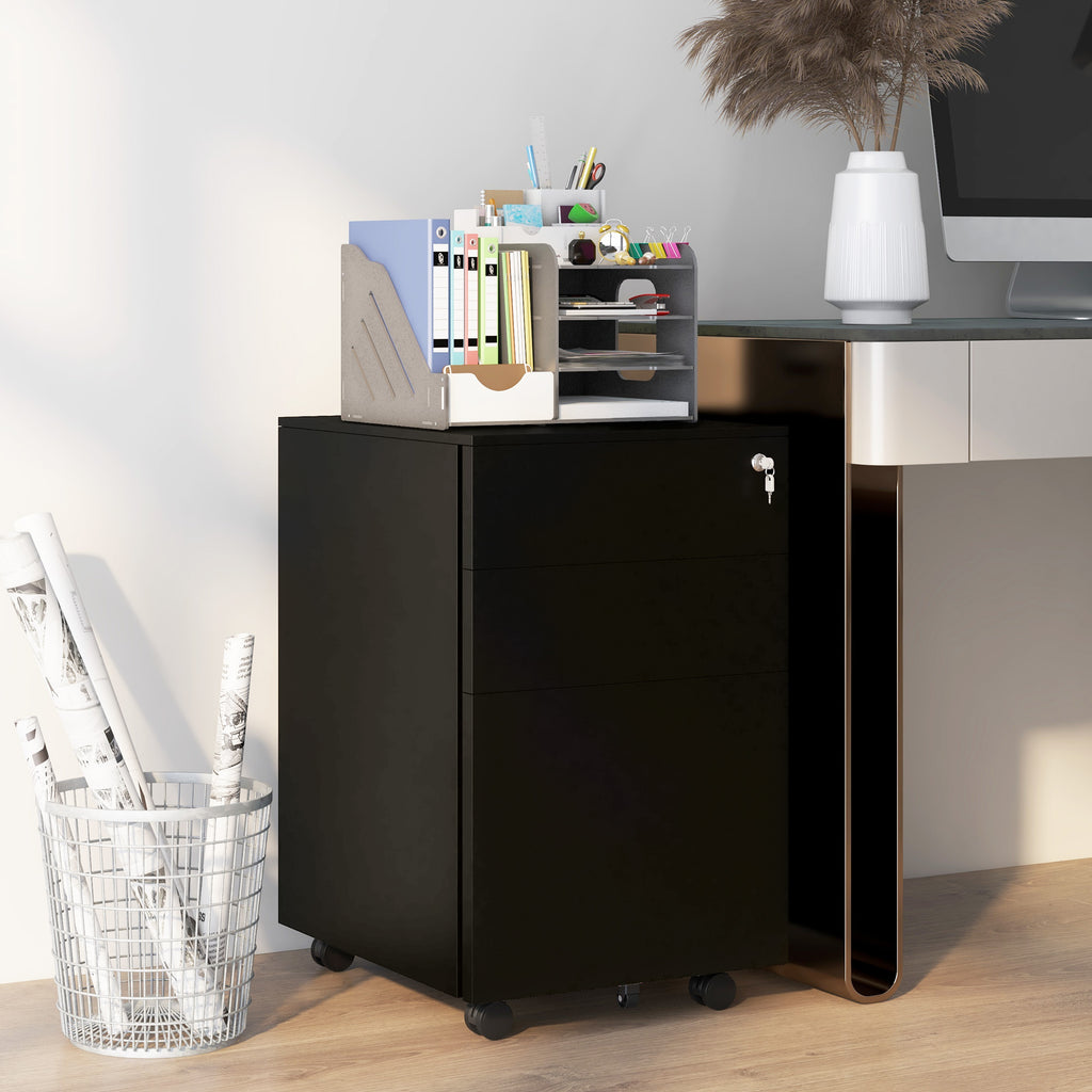 3-Drawer Vertical Filing Cabinet with Pencil Tray, Lock and 5 Wheels, Steel Mobile File Cabinet, for A4, Legal and Letter Size, Pre-Assembled Body, Black