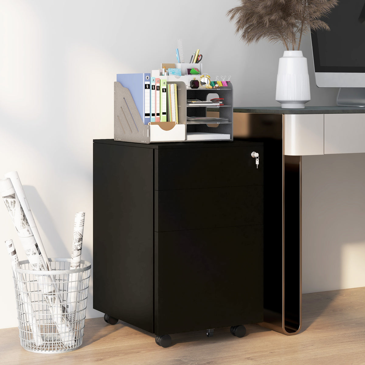 3-Drawer Vertical Filing Cabinet with Pencil Tray, Lock and 5 Wheels, Steel Mobile File Cabinet, for A4, Legal and Letter Size, Pre-Assembled Body, Black