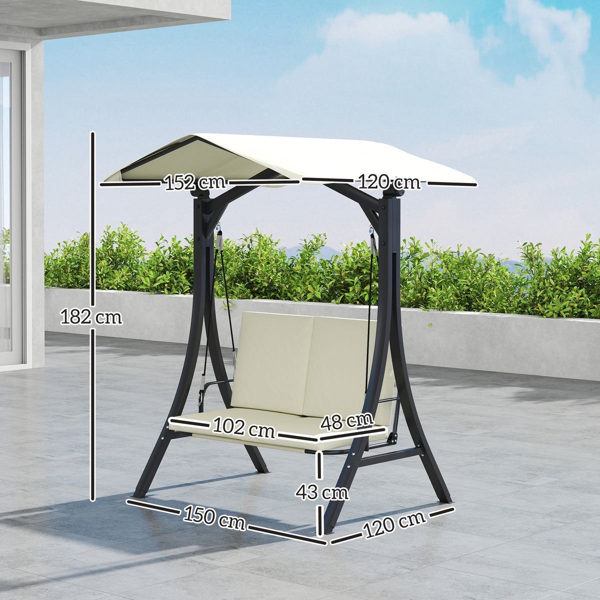 Hollywoodschaukel mit verstellbarem Sonnendach Sitzauflage, 2-Sitzer bis 220kg 150x120x182cm, Cremeweiß