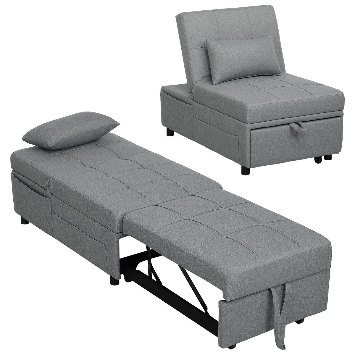 3-in-1 Klappsessel mit Seitentasche, G?stebett mit Kissen, Verstellbarer R¨¹ckenlehne, Bettsessel mit Rollen, Hellgrau