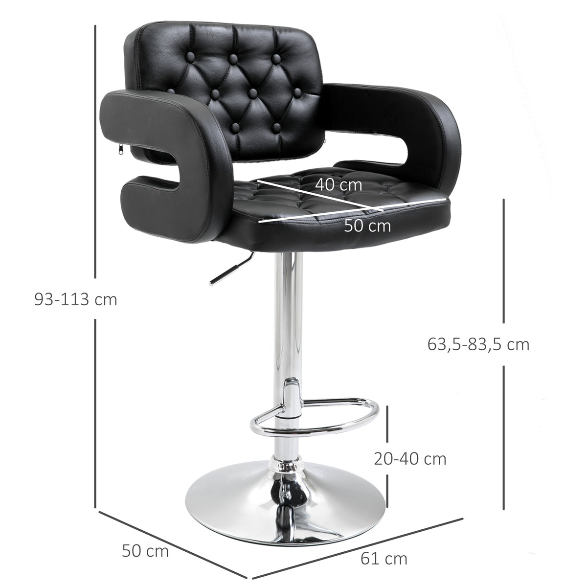 Mid-Back Hollow Design Height Adjustable Barstool with PU Leather Surface, U-Shape Armrest, Steel Pole for Bistro, Lounge, Kitchen, Black