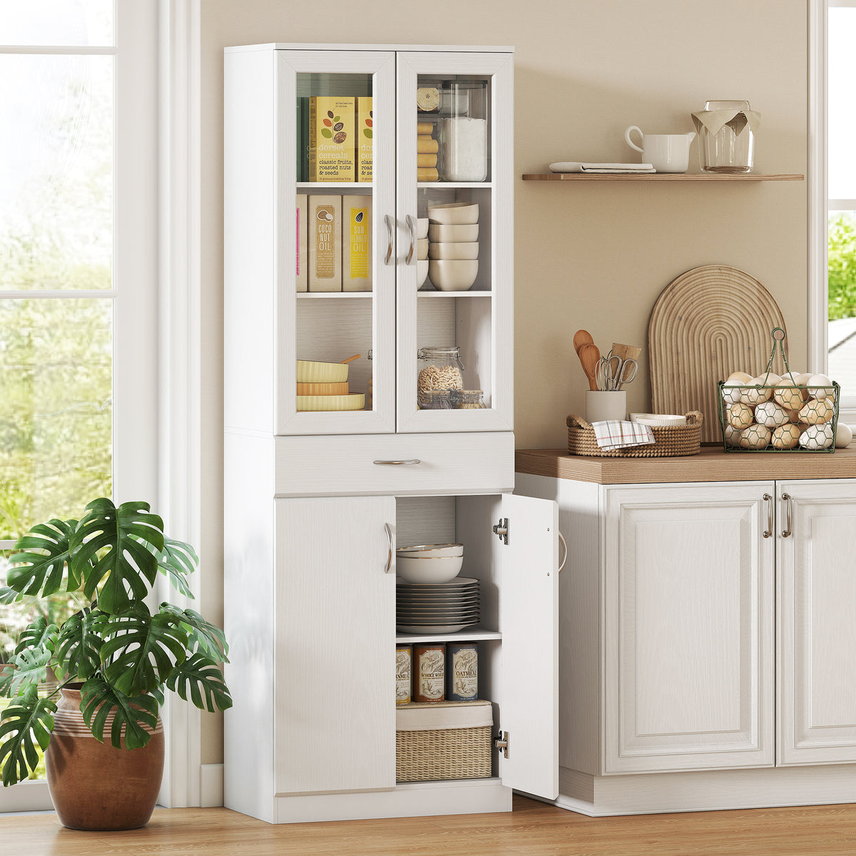 K¨¹chenschrank Buffetschrank mit verstellbar Regal Schublade 2 Schrank Hochschrank mit Glast¨¹r 60 x 35 x 180 cm Wei?