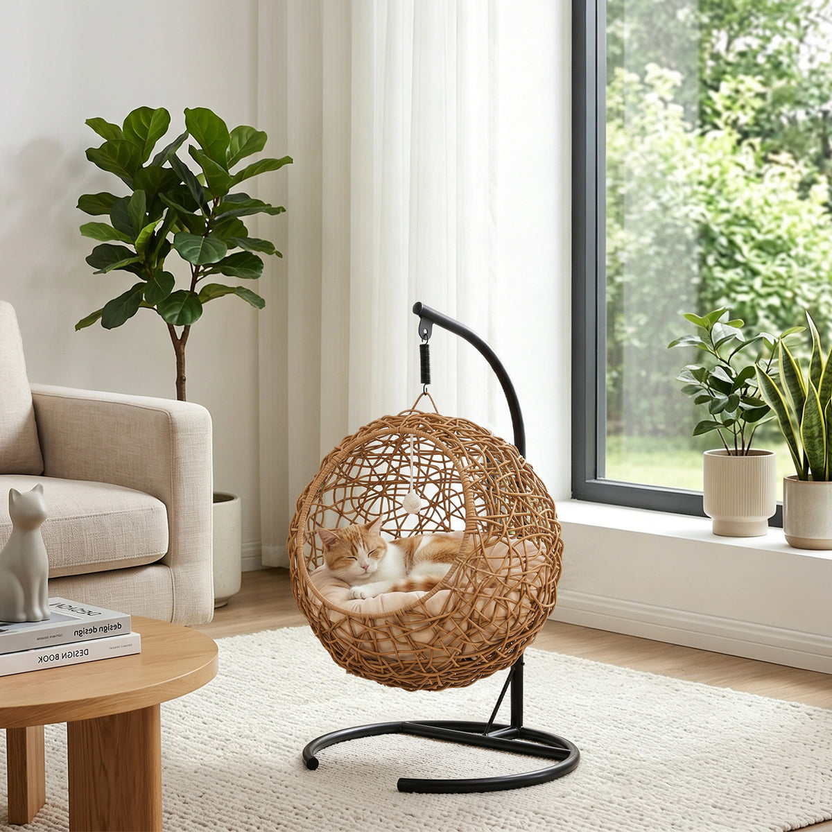 Katzenbett Rattan Katzenhöhle mit Waschbarem Kissen und Spielball, für Katzen bis 10 kg, 45 x 41 x 75 cm, Hellbraun