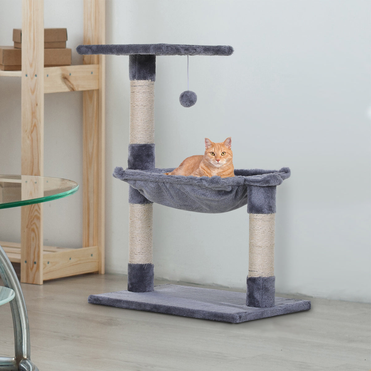 Cat Scratch Post with Bed Cat Tree for Indoor Cats Sisal Scratching Posts Hammock Kitty Activity Centre Grey