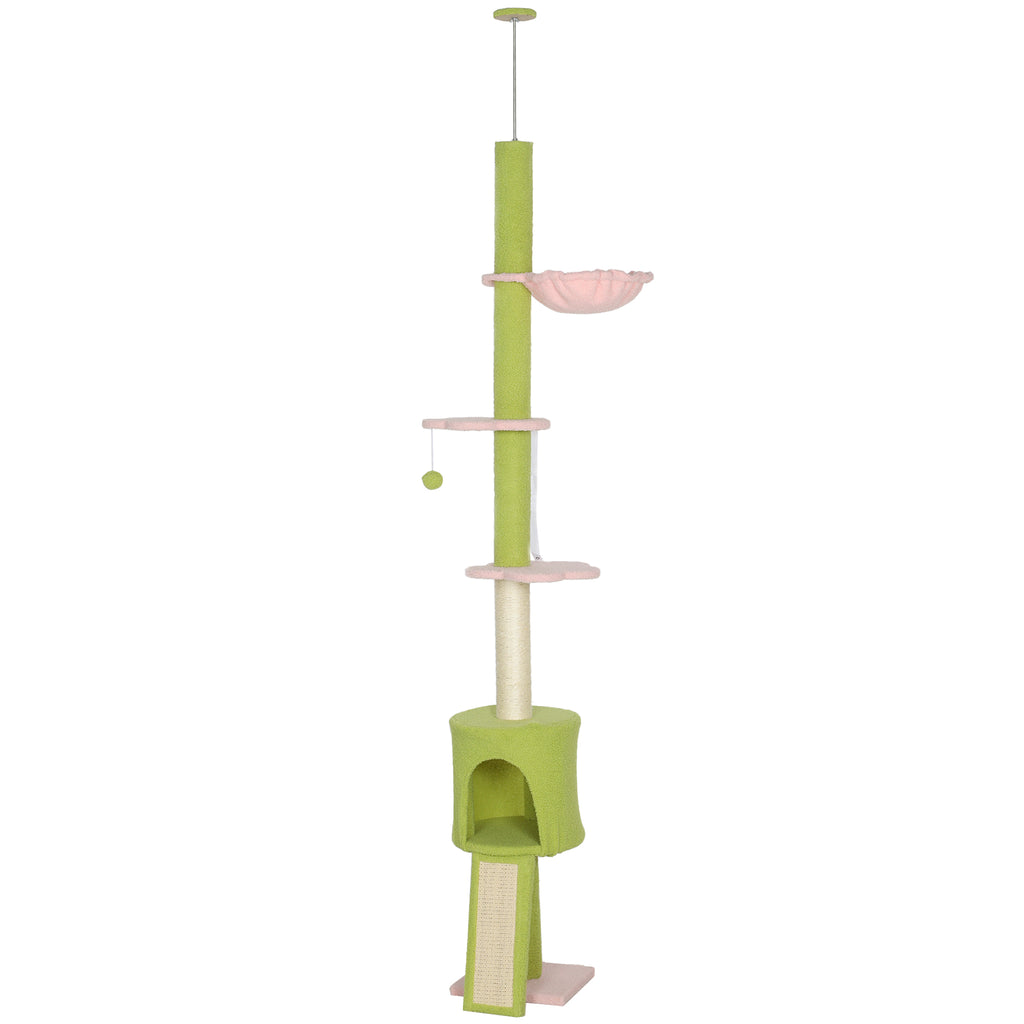 220-240 cm Floor to Ceiling Cat Tree Adjustable Height with Hammock, Condo, Scratching Posts, Green