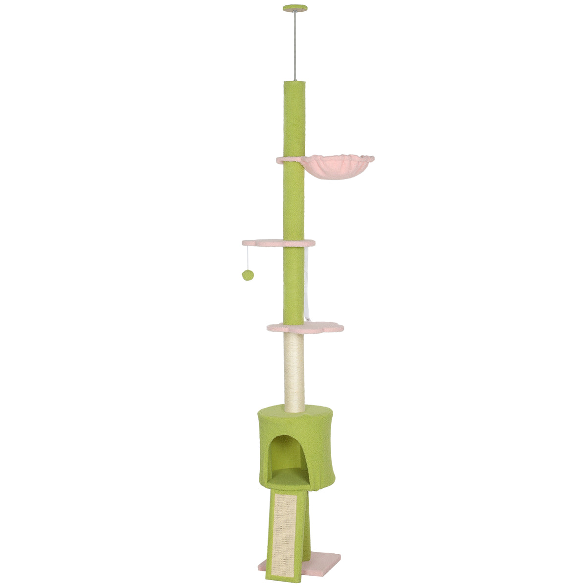 220-240 cm Floor to Ceiling Cat Tree Adjustable Height with Hammock, Condo, Scratching Posts, Green