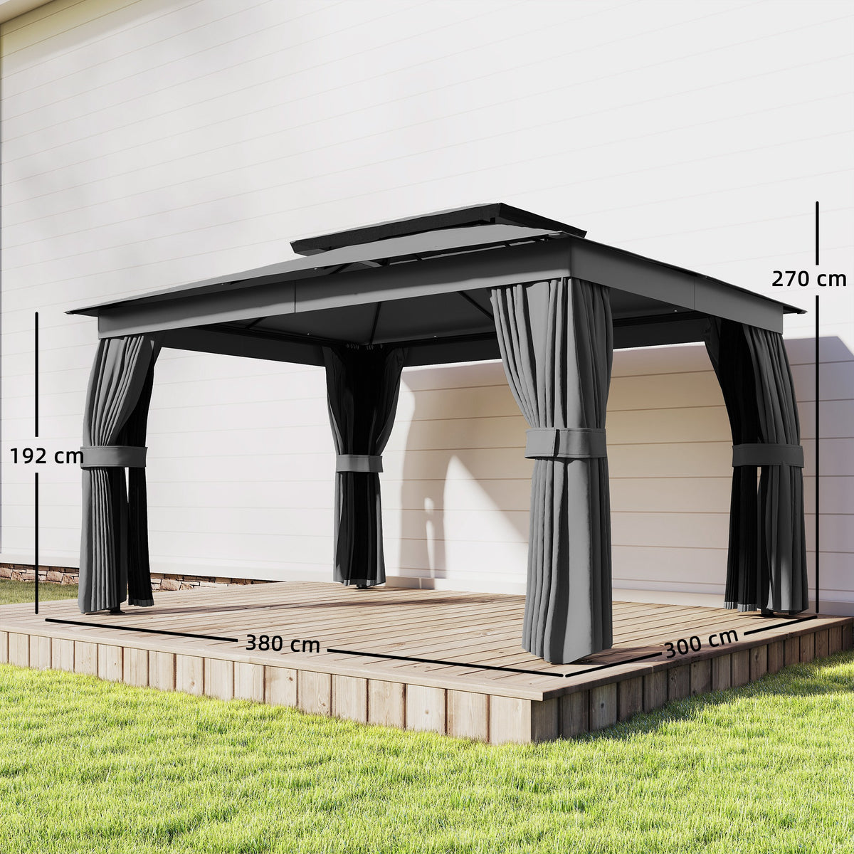 Pavillon 3,8x3m Wasserabweisend Stabil Winterfest Gartenpavillon mit Doppeldach Vorhänge Moskitonetz Haken Dunkelgrau