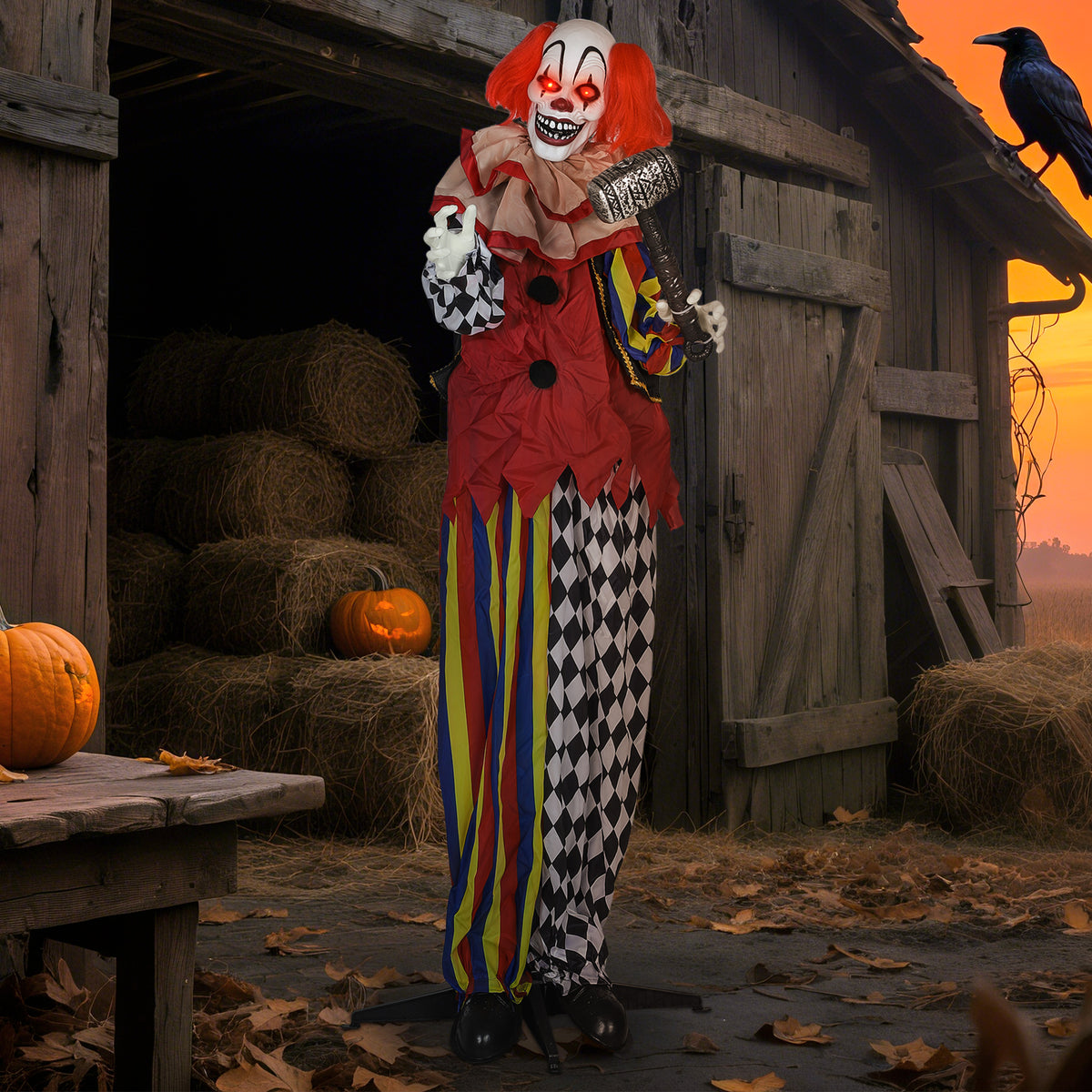 Grusel-Clown, Halloween-Animatronik, 173 cm, leuchtende Augen, Geräusch-Aktivierung, bewegliche Arme und Kopf, Batteriebetrieb, Kunststoff, Metall, Rot