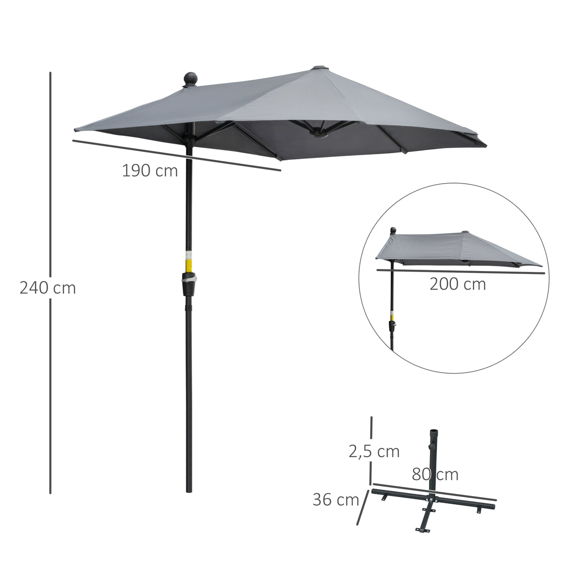  2m Half Parasol Market Umbrella Garden Balcony Parasol with Crank Handle, Base, Double-Sided Canopy, Dark Grey