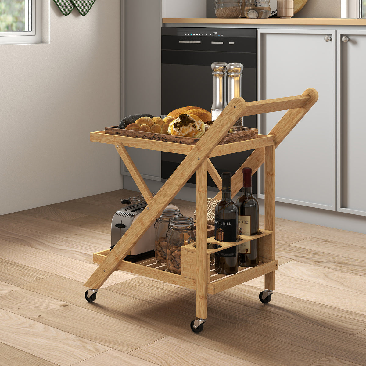 Küchenwagen auf Rädern, Servierwagen mit 3 Weinregalen, 2 Tabletts, für Küche, Esszimmer, Bambusholz, Hellbraun
