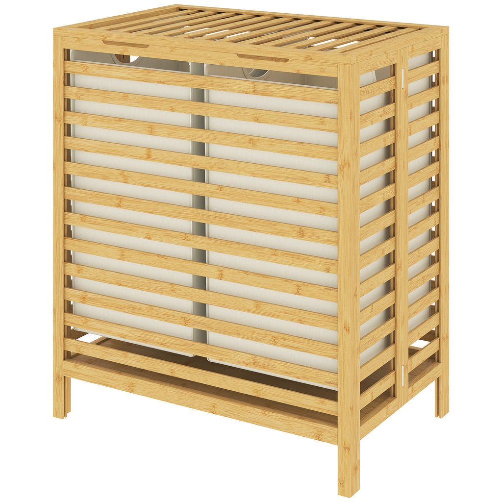 Bamboo Laundry Basket with Lid, 2 Baskets, Foldable, 64L, Natural and Cream White