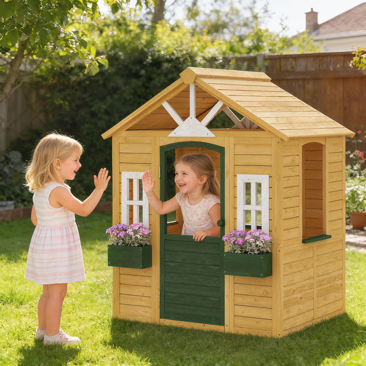 Kinderspielhaus Holz Spielhaus Outdoor mit Tür 3 Fenster 2 Blumenkästen für 3-8 Jahre Kinder 134,5 x 97 x 150 cm Braun