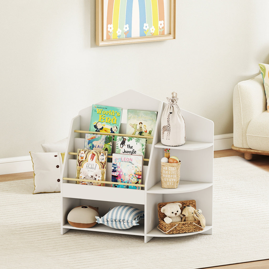 Kinderregal mit 7 Regalen für Bücher, Spielzeug, runde Kanten, trägt 40 kg, Weiß