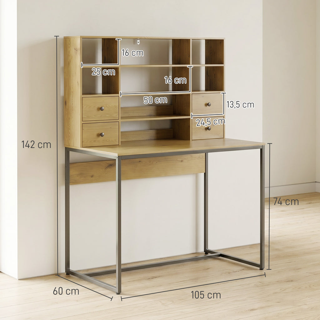 Computertisch mit 4 Schubladen und Regalen, Schreibtisch 105 cm, Naturholz