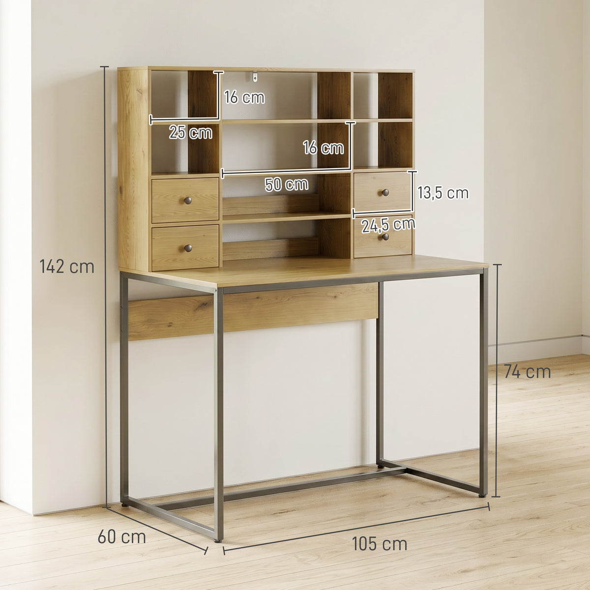Computertisch mit 4 Schubladen und Regalen, Schreibtisch 105 cm, Naturholz