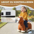 Fahrbares Reitpferd für Kinder, weicher Bezug, Batteriebetrieb, Musik, Räder, 1,5-5 Jahre, Braun