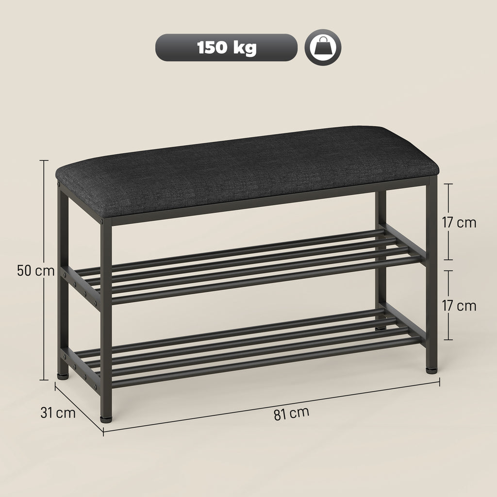 Schuhbank mit Sitzfläche, Sitzbank mit Stauraum, Schuhregal mit 2 offene Fächer, Sitzbank 81 x 31 x 50 cm Schwarz