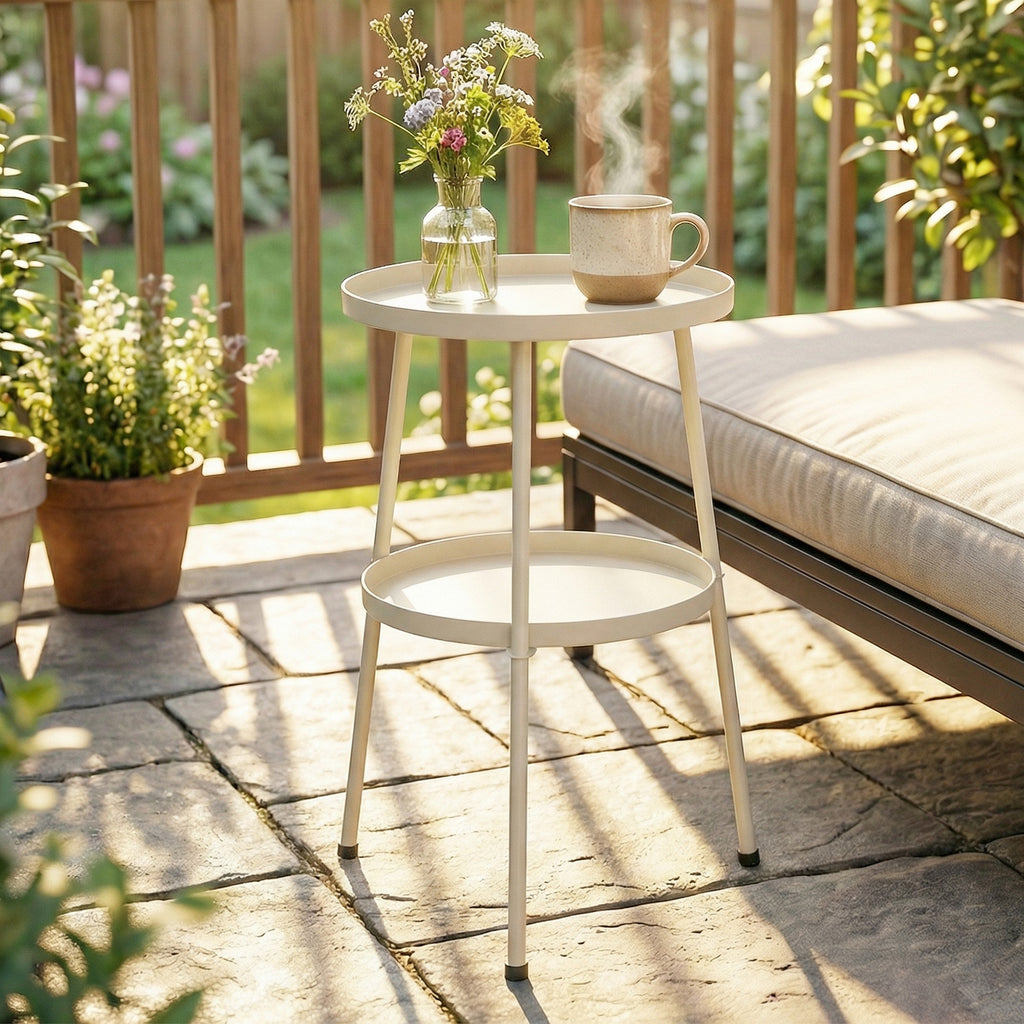 Beistelltisch Ø36 cm, Balkontisch aus Metall, Esstisch Outdoor, rund Terrassentisch für Garten Terrasse Balkon Cremeweiß