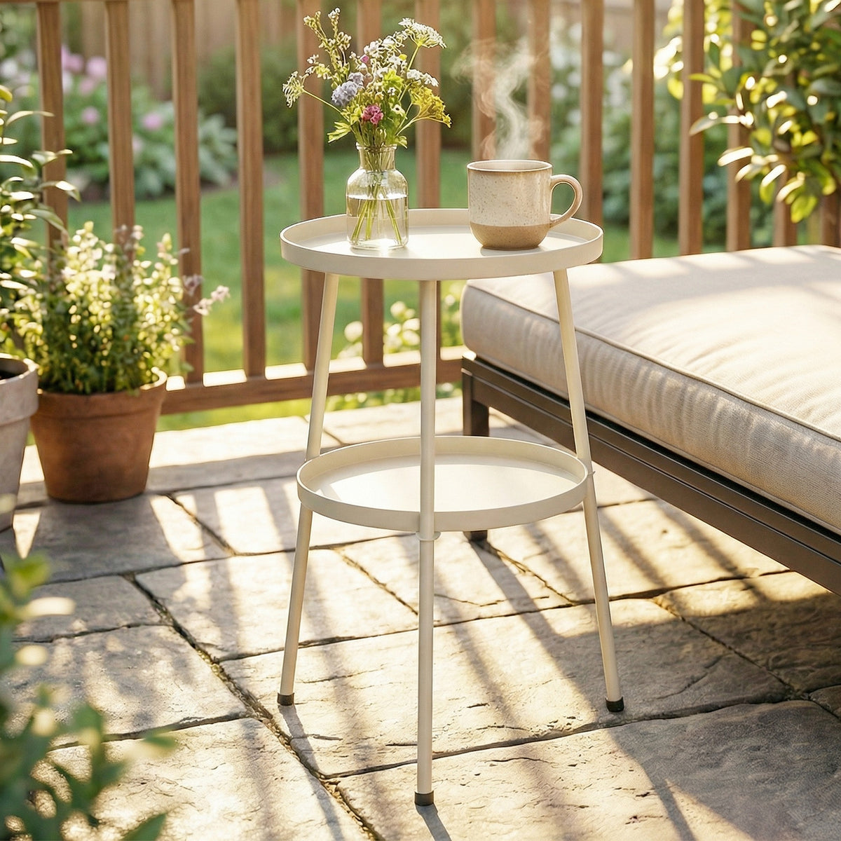 Beistelltisch Ø36 cm, Balkontisch aus Metall, Esstisch Outdoor, rund Terrassentisch für Garten Terrasse Balkon Cremeweiß