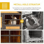 Kleintierstall mit Freigehege u. Rampe 122 cm x 63 cm x 92 cm Tannenholz Metall Hellgelb+Dunkelgrau