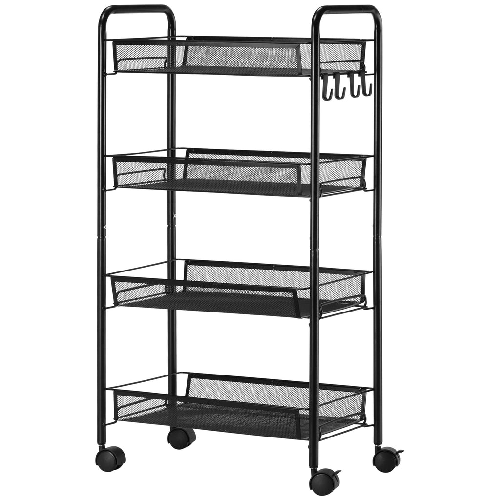 Rollwagen mit 4 H?ngek?rben, Servierwagen auf Rollen, fahrbar, abnehmbare Haken, Stahl, 45 x 26,5 x 84 cm, Schwarz
