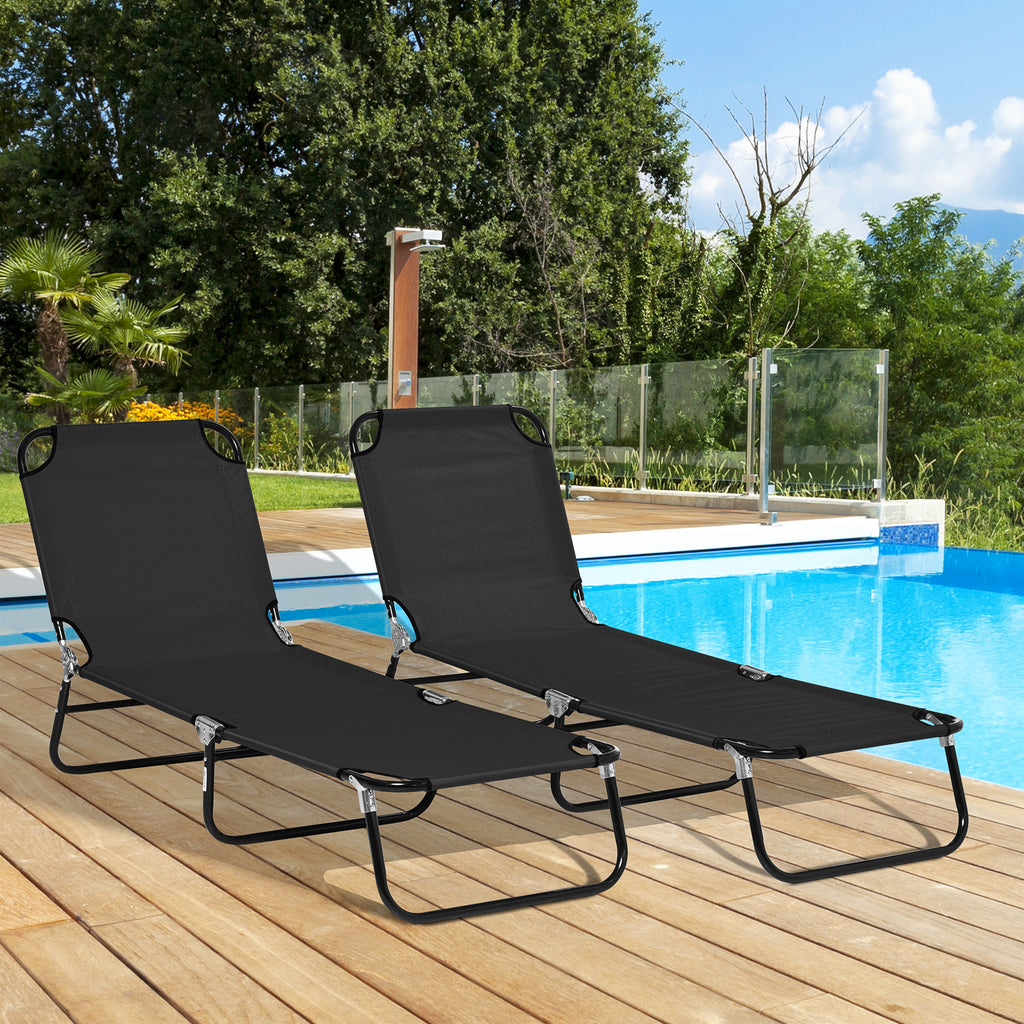 Set of Two Metal Frame Folding Sun Loungers - Black