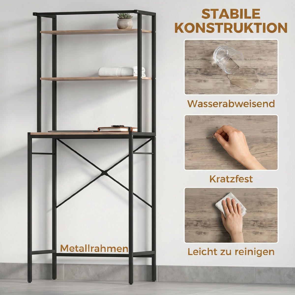 Waschmaschinenregal mit Trockenstange 3 Ebenen 67x4 x161,8cm Braun