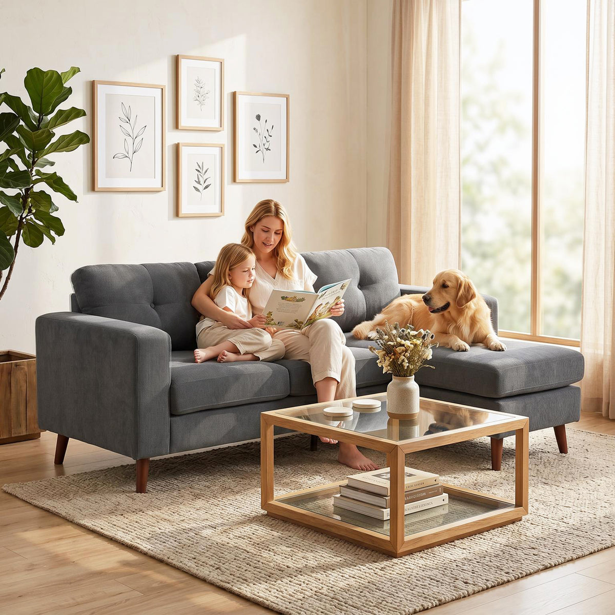 Ecksofa 192 cm L-Form 3-Sitzer Sofa mit umkehrbarer Chaiselongue, Cord-Optik, für kleinen Raum, Dunkelgrau