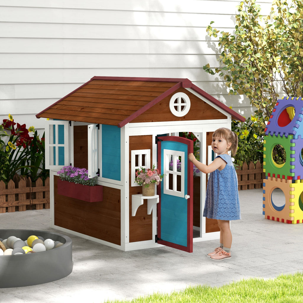 Kinderspielhaus, Holz-Spielhaus f¨¹r Kinder, Outdoor-Gartenspielhaus mit Fenstern, Blument?pfe, 3-8 Jahre, Blau