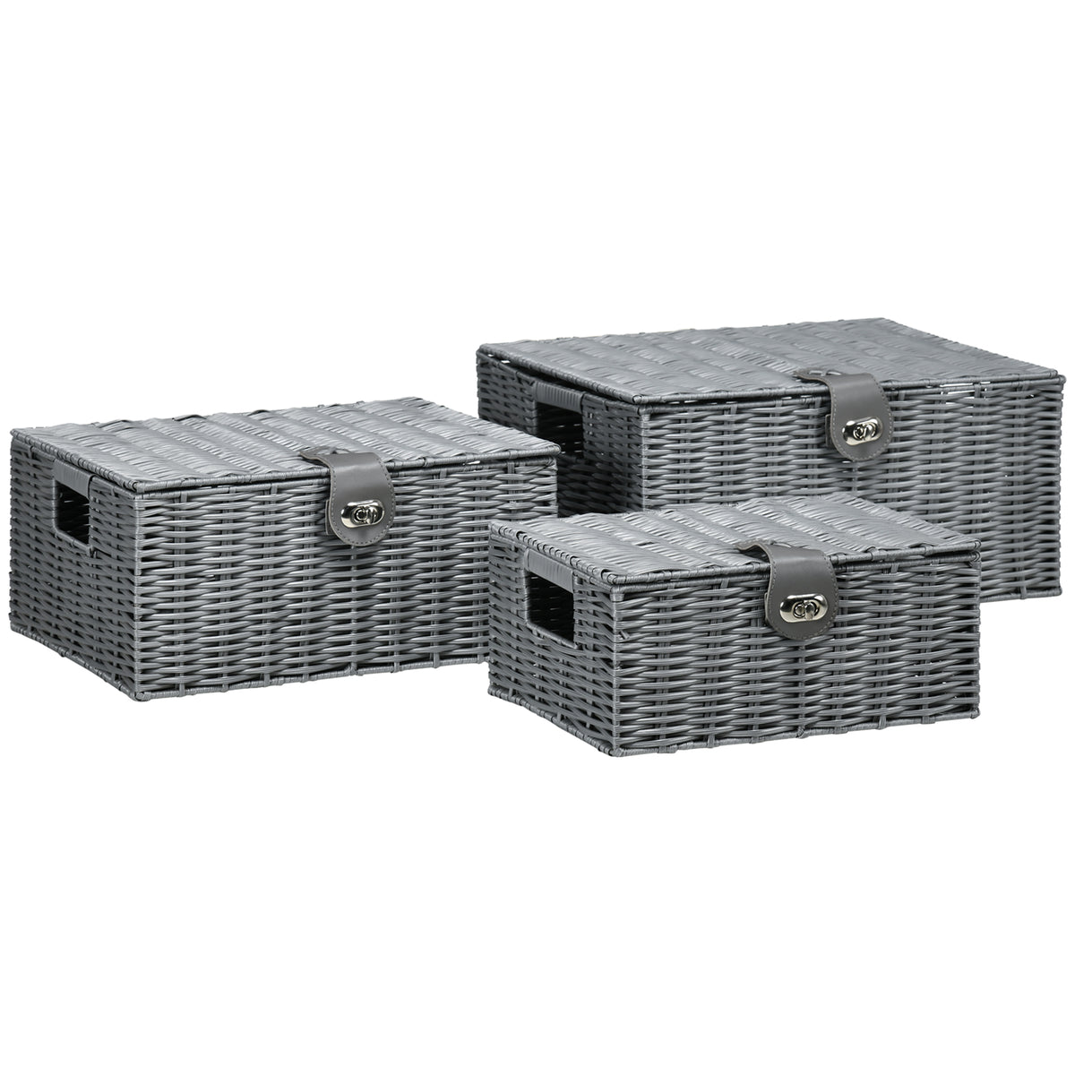 3er-Set Aufbewahrungskörbe aus PE- Rattan, mit Verschluss, Tragegriffen, 35,5 cm x 28,5 cm x 18 cm, Grau