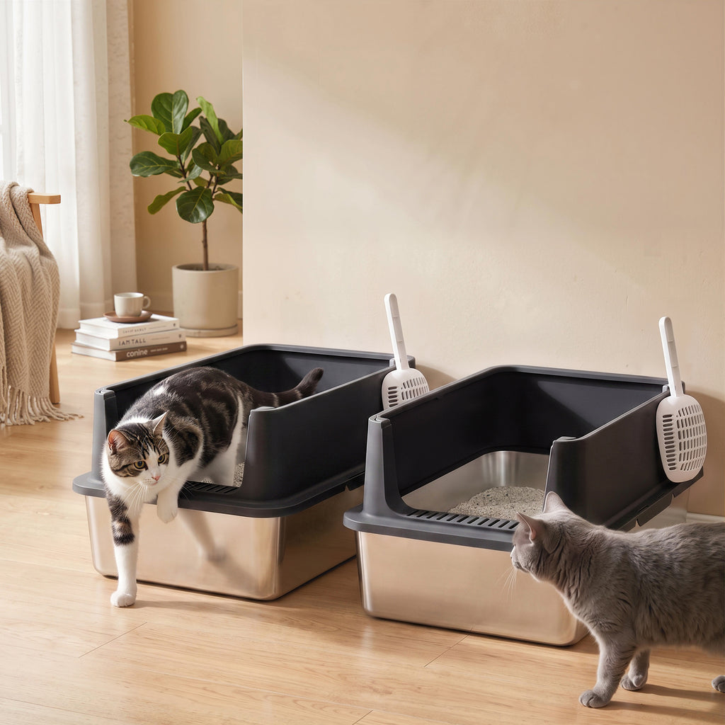 2er-Set Katzenklo Edelstahl XL mit Hohem Rand Deckel 60x40x30cm