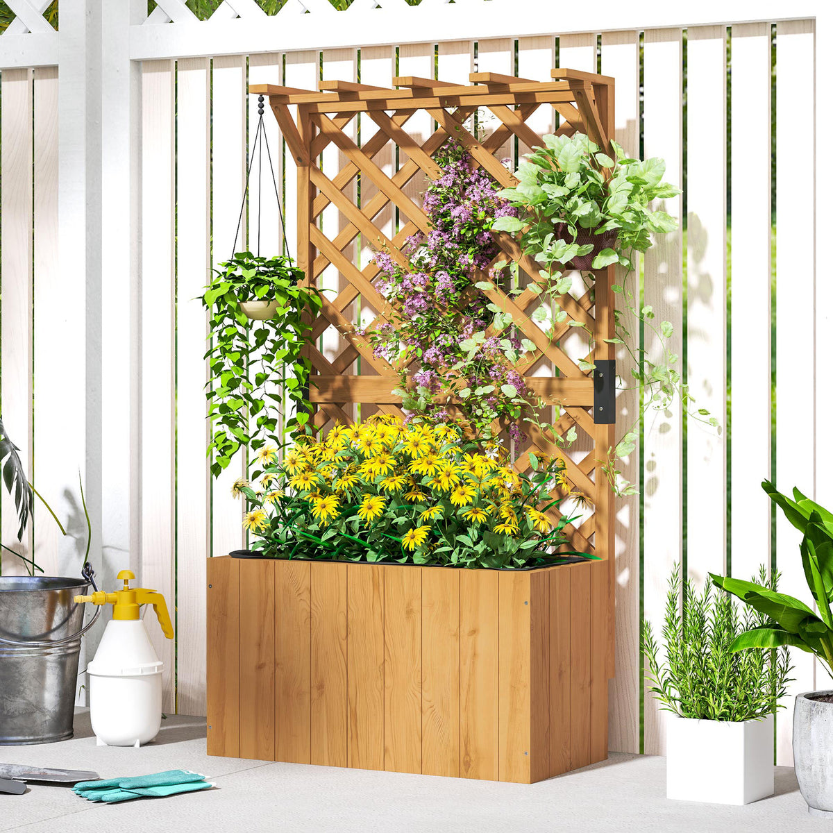 Hochbeet Pflanzkasten mit Rankgitter, Spalier Pflanzk¨¹bel Blumenkasten Holz, Gartenspalier 64 x 33 x 122cm Naturholz