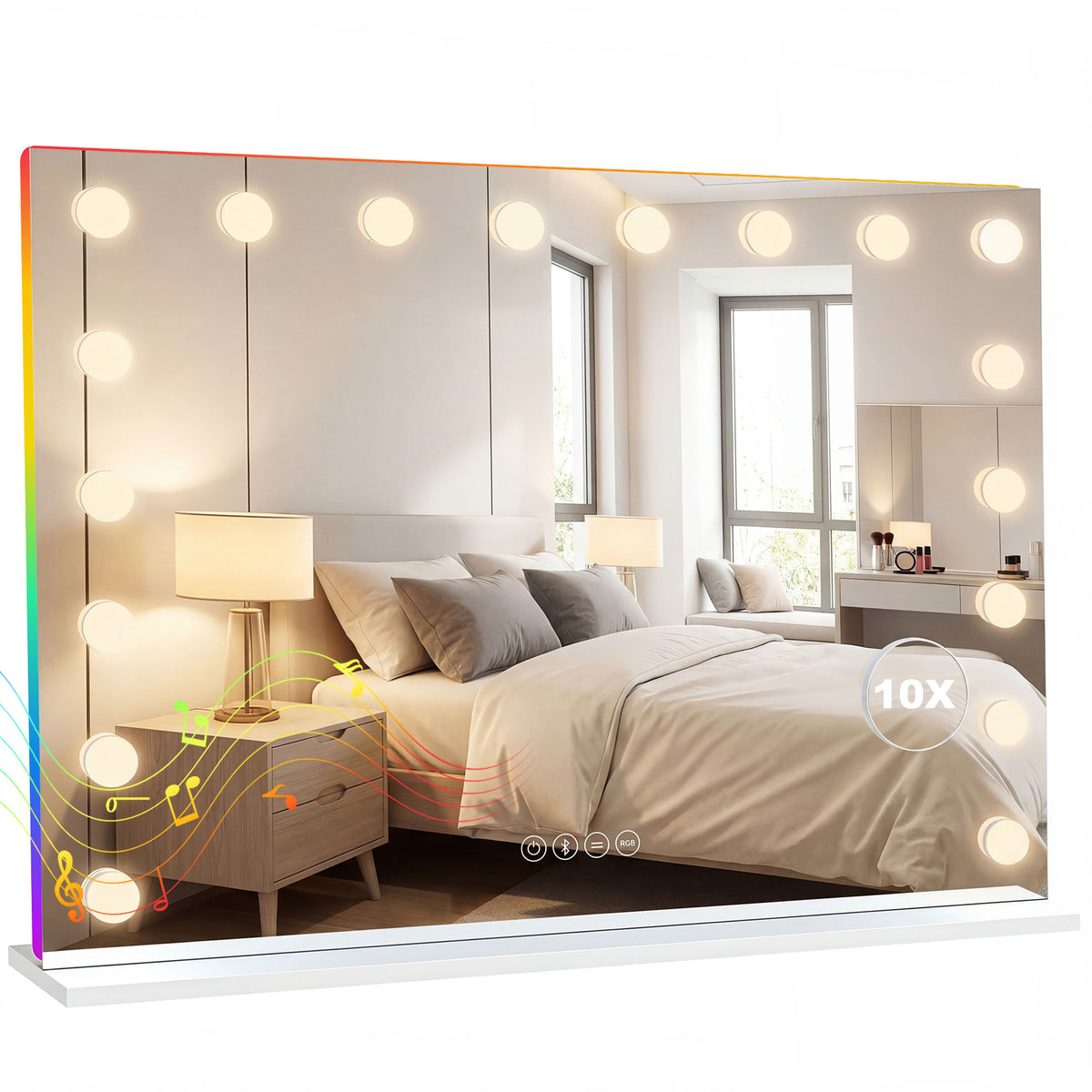 Hollywood Schminkspiegel mit 18 dimmbaren LED-Lampen, 3 Farben, RGB-Licht, Bluetooth-Lautsprecher, 10x Vergrößerung Weiß