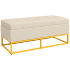Sitzbank mit Stauraum, dekorative Knopfheftung, Flanelloptik, goldfarbene Stahlbeine, 110 x 47 x 46,5 cm