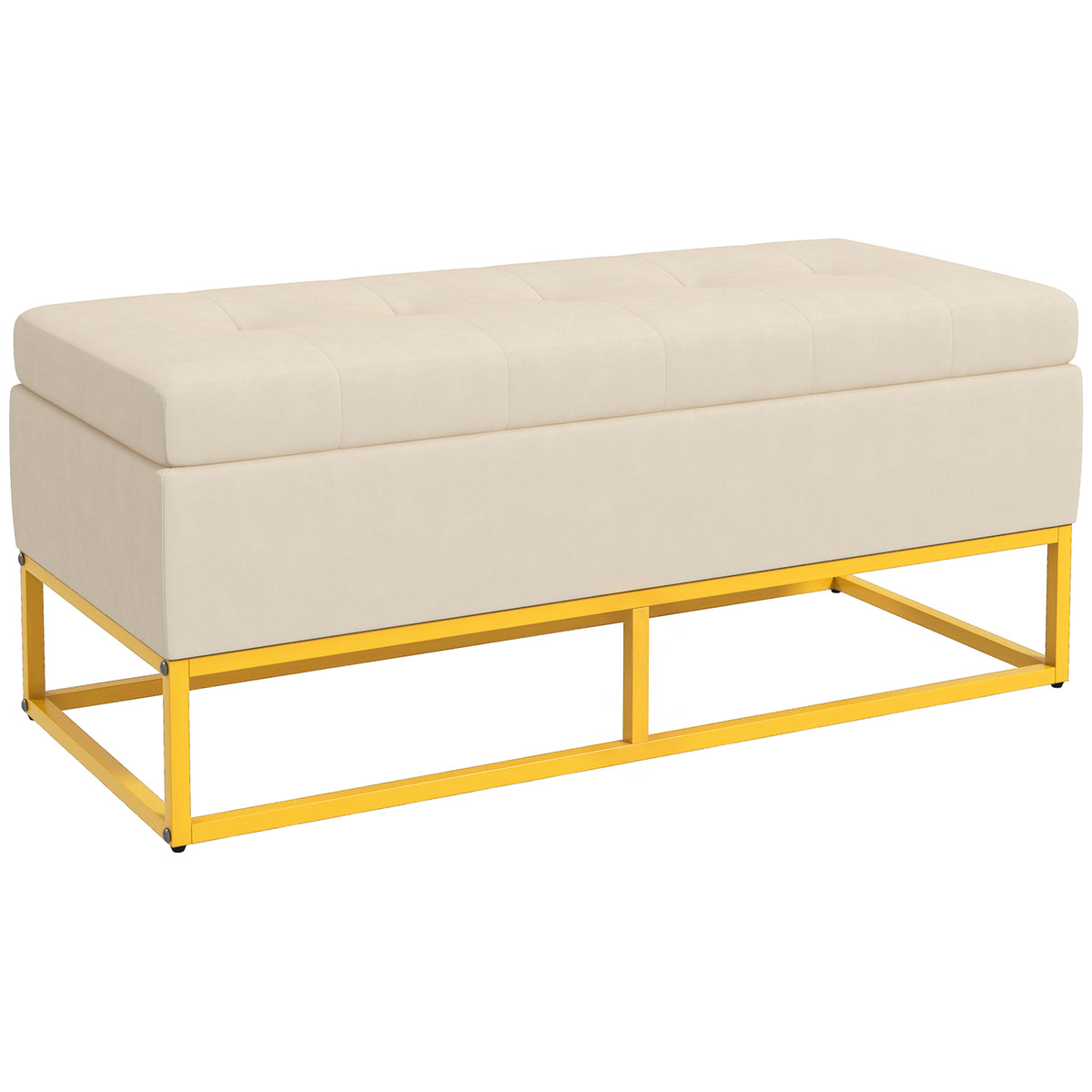Sitzbank mit Stauraum, dekorative Knopfheftung, Flanelloptik, goldfarbene Stahlbeine, 110 x 47 x 46,5 cm