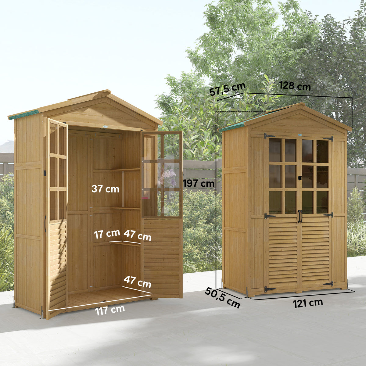 Outdoor Wooden Storage Cabinet, Garden Tool Shed with Acrylic Windows for Patio, Light Brown