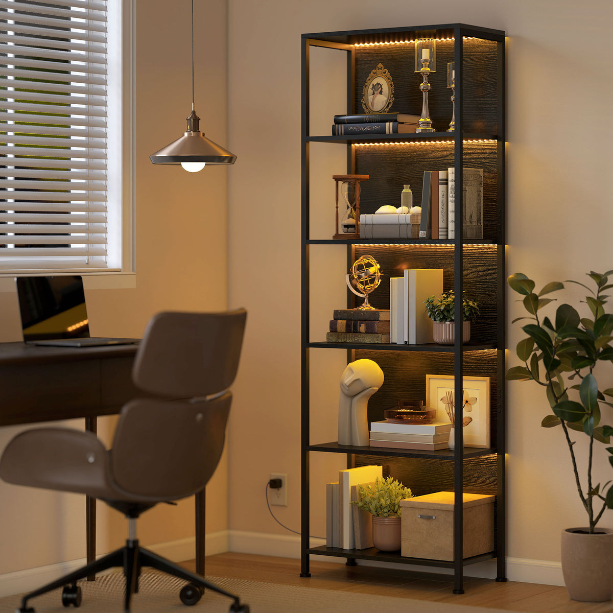 Bücherregal mit 5 Ebenen Standregal mit LED-Beleuchtung, 7 Lichtfarben, für Wohnzimmer, 60 x 30 x 179 cm Schwarz