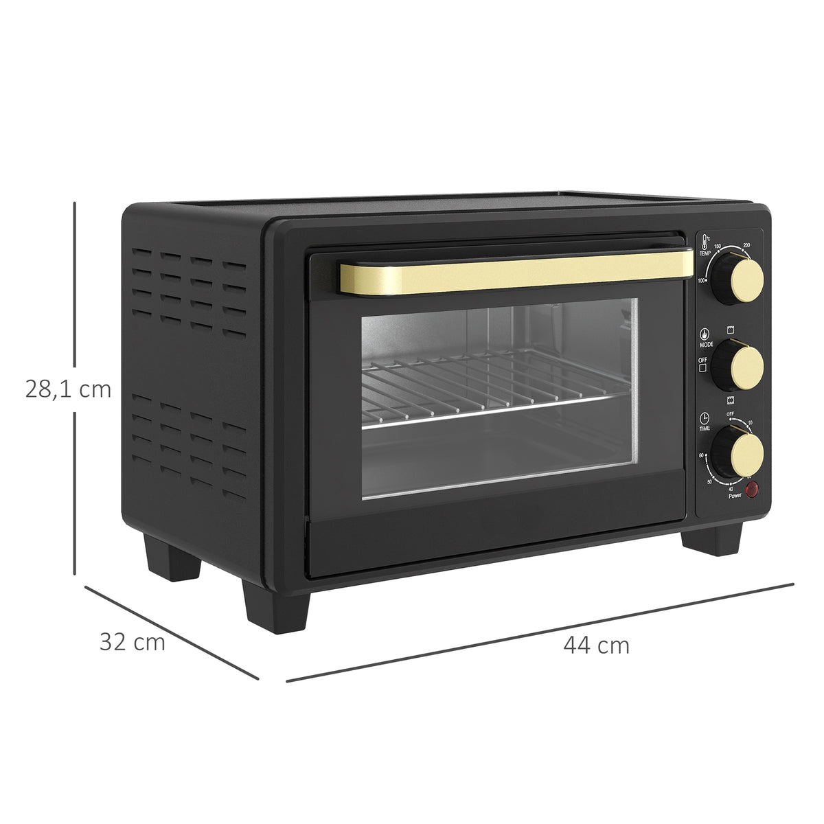 Mini-Ofen, Toasterofen, Timer, Gitterrost, Backblech, Glasfenster, Metall, Schwarz